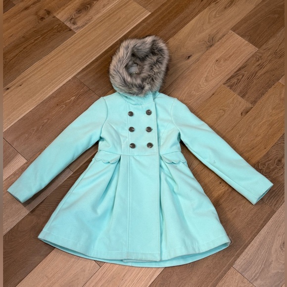 Cat & Jack Girls Heavy Pea Coat Removable Fur Trim Mint Green Size 7/8 - Picture 2 of 11